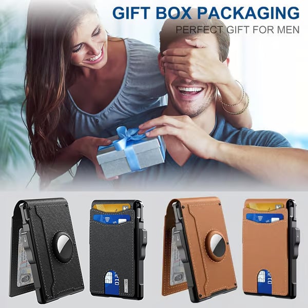 🔥Wallet for Men - with Pop Up Aluminum Case Money Clip Slim Leather Slots Credit Card Holder RFID Blocking Bifold Minimalist Wallet